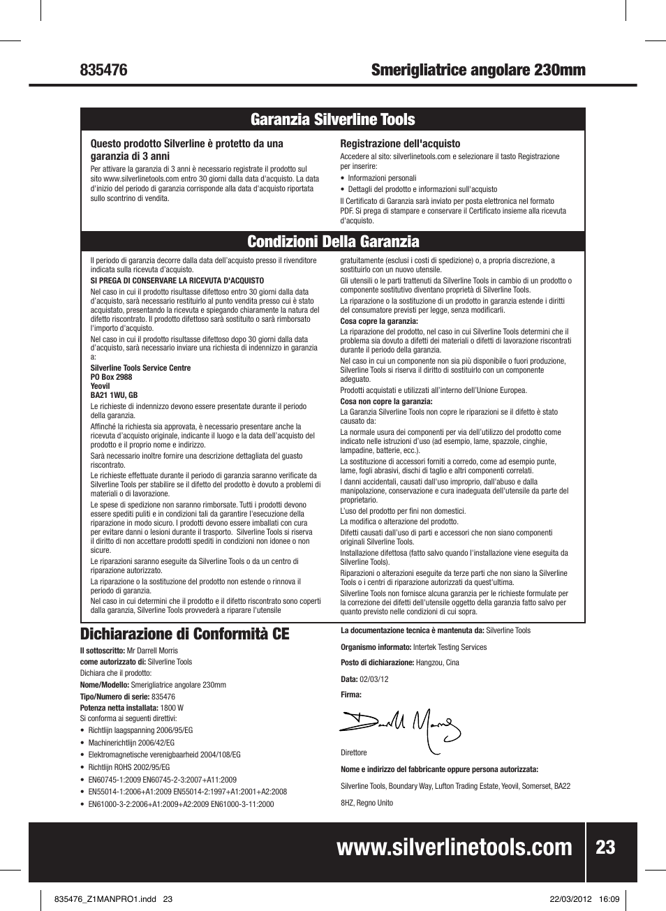 Dichiarazione di conformità ce | Silverline 1800W Angle Grinder 230mm User Manual | Page 24 / 28