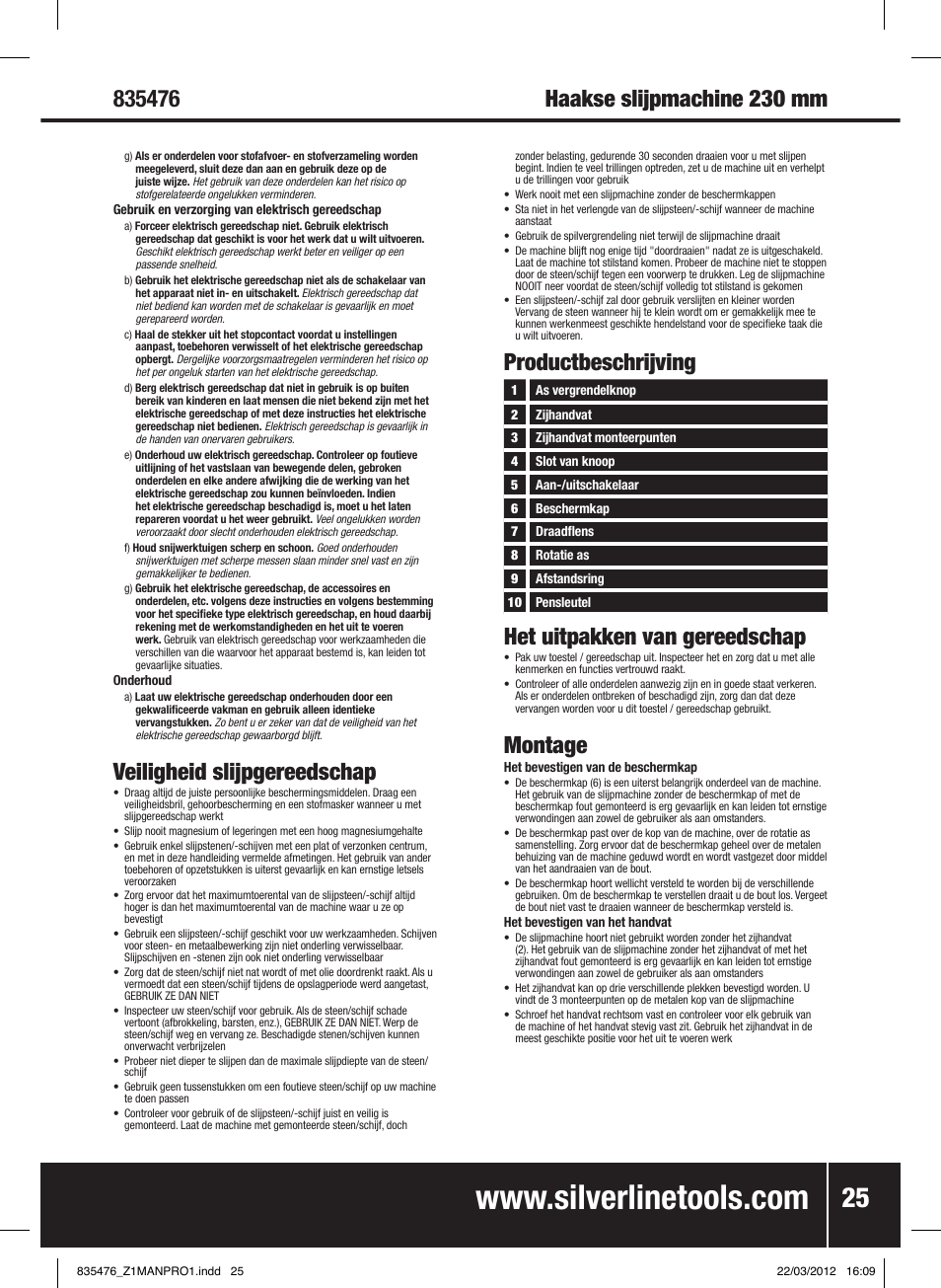 Het uitpakken van gereedschap, Montage, Veiligheid slijpgereedschap | Productbeschrijving | Silverline 1800W Angle Grinder 230mm User Manual | Page 26 / 28