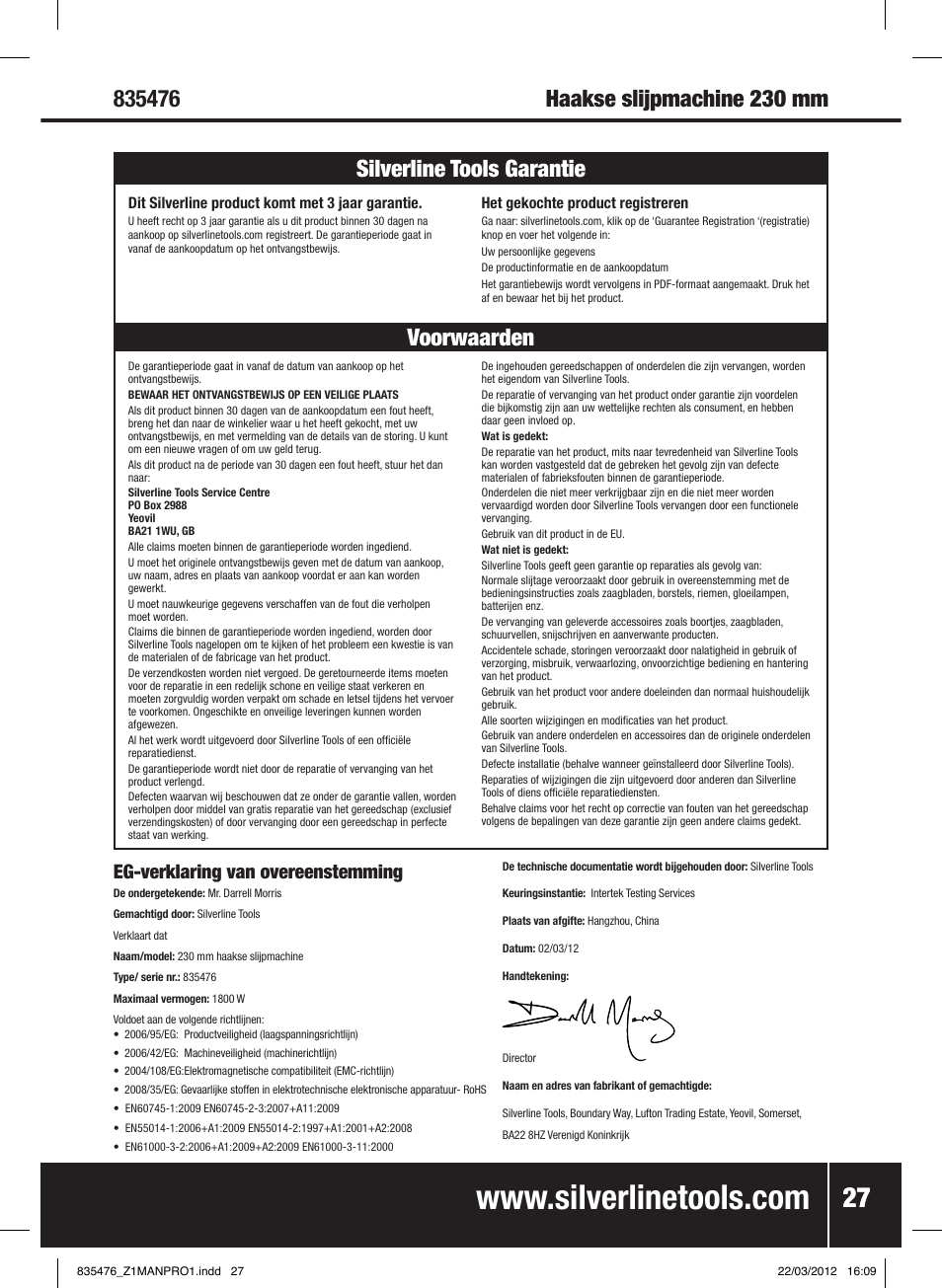 Voorwaarden silverline tools garantie, Eg-verklaring van overeenstemming | Silverline 1800W Angle Grinder 230mm User Manual | Page 28 / 28