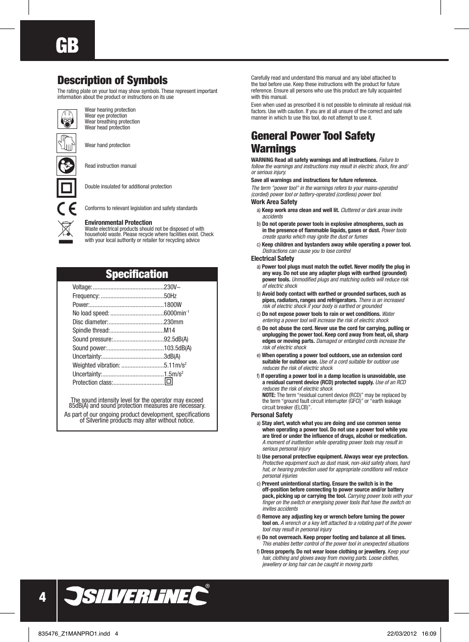 General power tool safety warnings, Specification, Description of symbols | Silverline 1800W Angle Grinder 230mm User Manual | Page 5 / 28