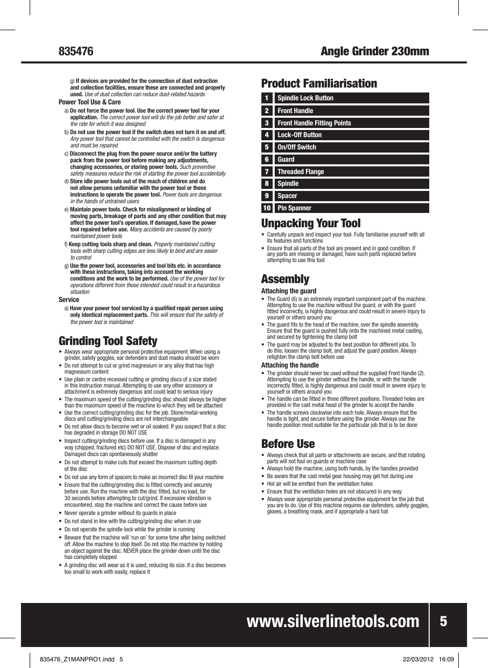 Grinding tool safety, Product familiarisation unpacking your tool, Assembly | Before use | Silverline 1800W Angle Grinder 230mm User Manual | Page 6 / 28