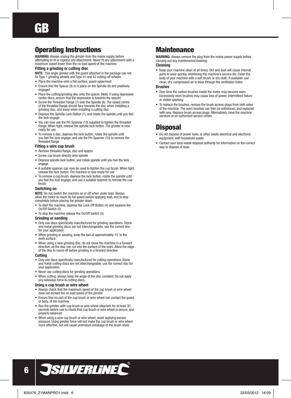 Operating instructions, Maintenance, Disposal | Silverline 1800W Angle Grinder 230mm User Manual | Page 7 / 28