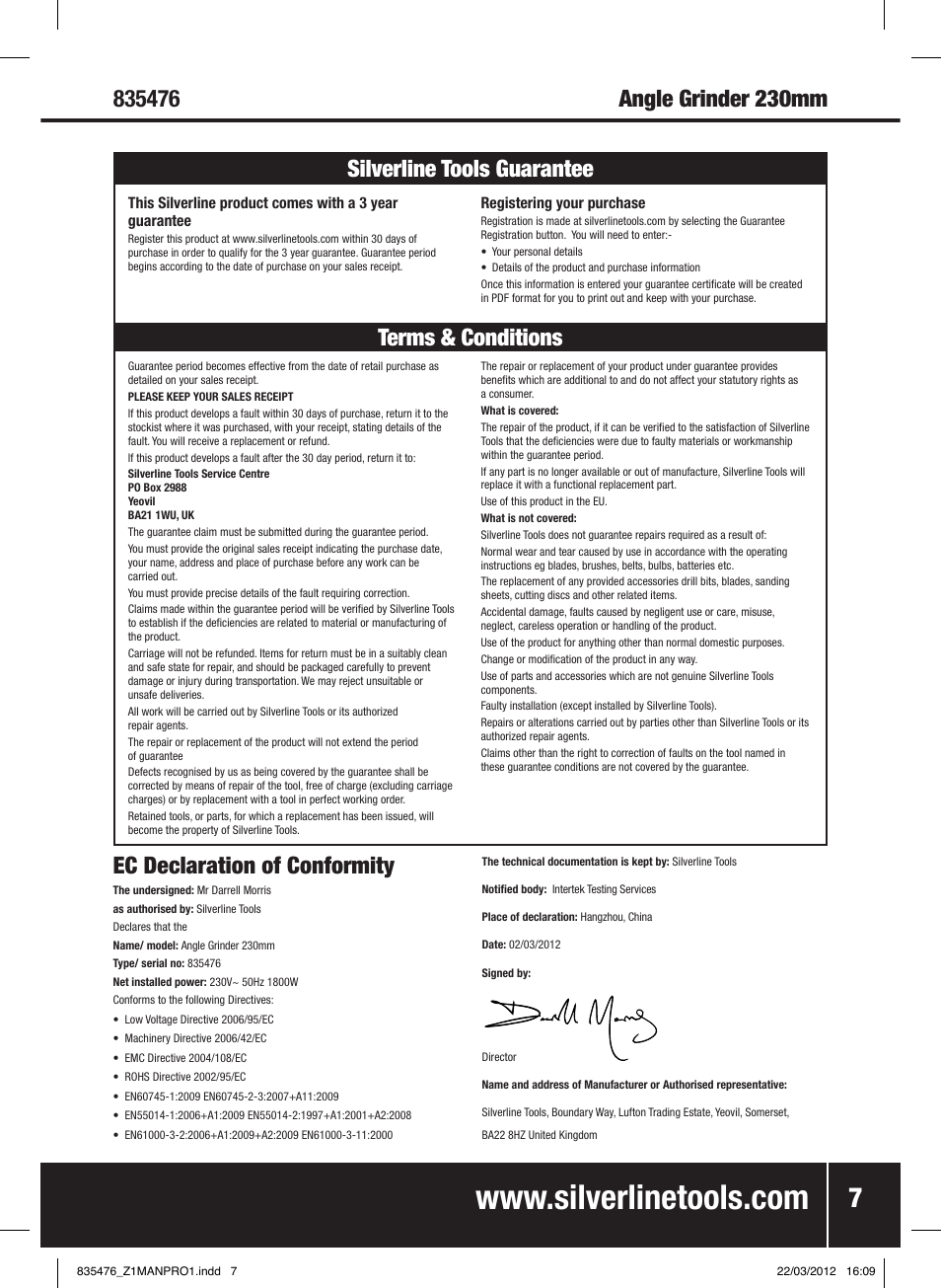 Ec declaration of conformity | Silverline 1800W Angle Grinder 230mm User Manual | Page 8 / 28