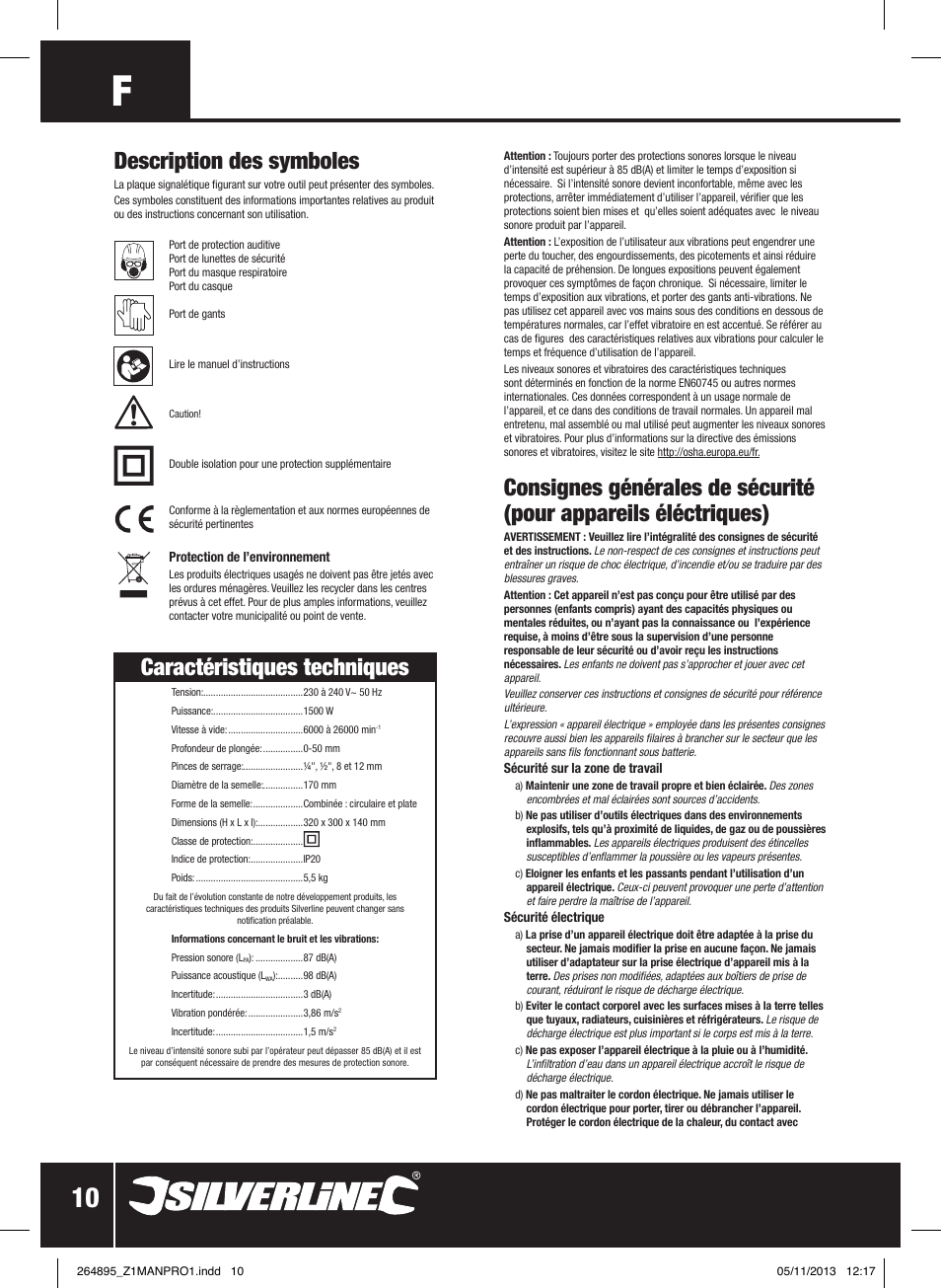 Description des symboles, Caractéristiques techniques | Silverline 1500W 1/ Plunge Router User Manual | Page 11 / 40