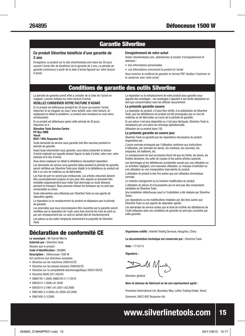Déclaration de conformité ce | Silverline 1500W 1/ Plunge Router User Manual | Page 16 / 40