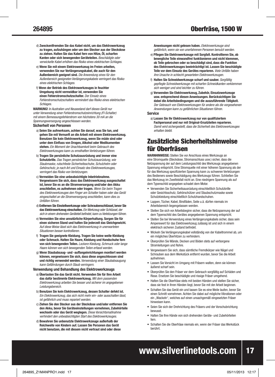 Zusätzliche sicherheitshinweise für oberfräsen | Silverline 1500W 1/ Plunge Router User Manual | Page 18 / 40