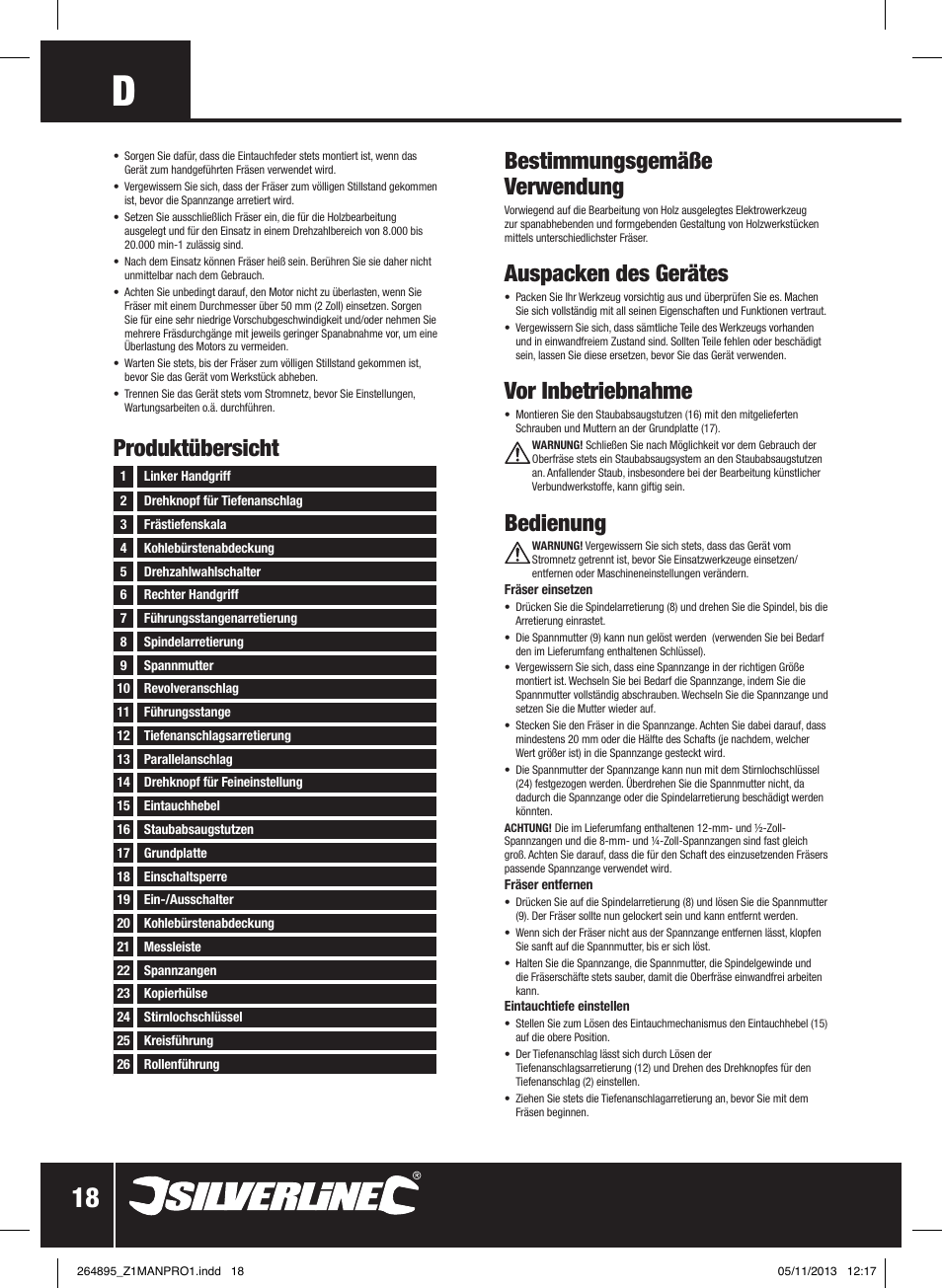 Bestimmungsgemäße verwendung, Auspacken des gerätes, Vor inbetriebnahme | Bedienung, Produktübersicht | Silverline 1500W 1/ Plunge Router User Manual | Page 19 / 40