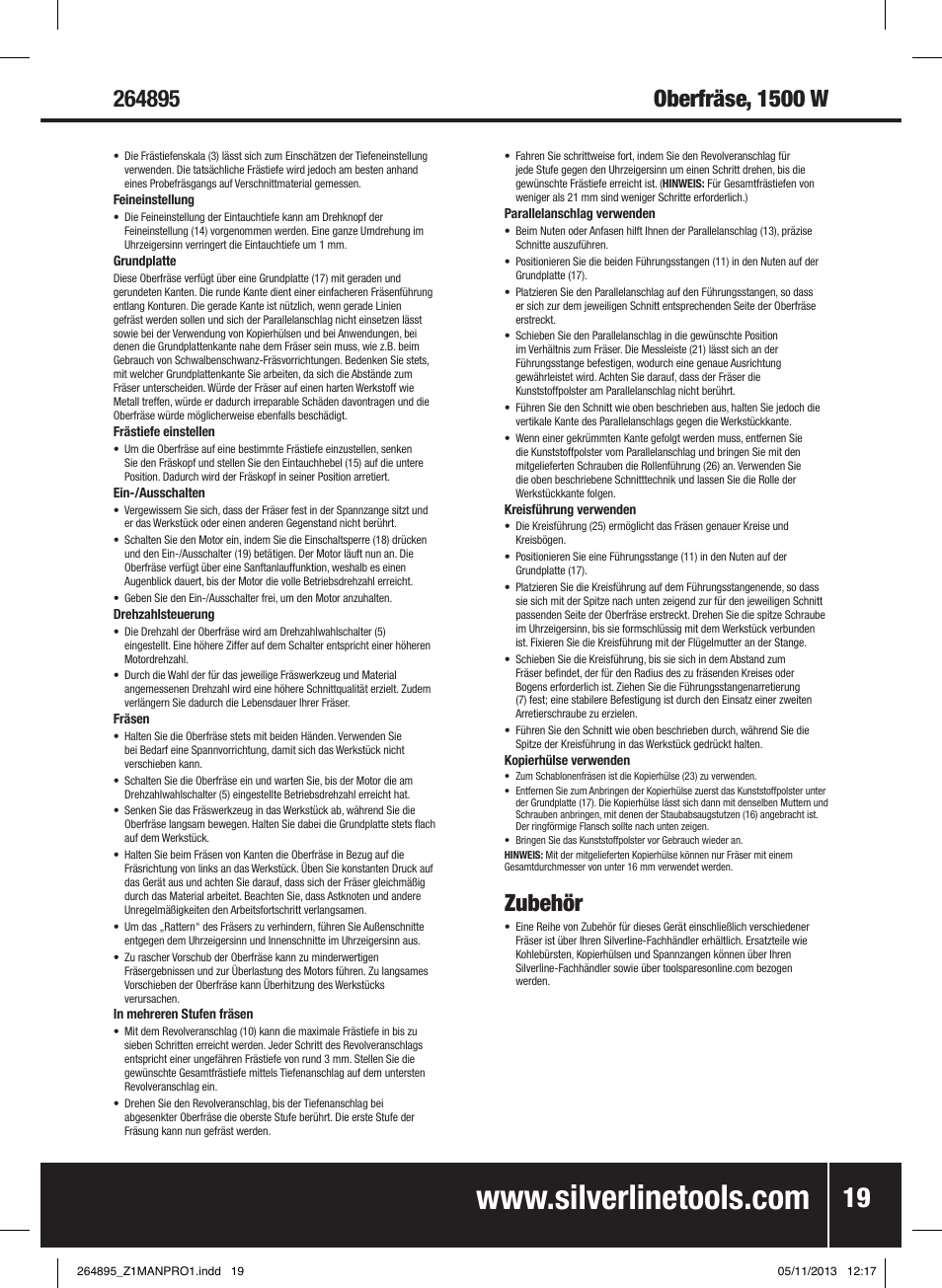 Zubehör | Silverline 1500W 1/ Plunge Router User Manual | Page 20 / 40