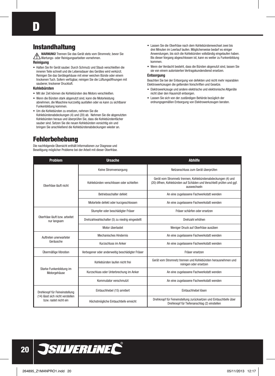 Instandhaltung, Fehlerbehebung | Silverline 1500W 1/ Plunge Router User Manual | Page 21 / 40