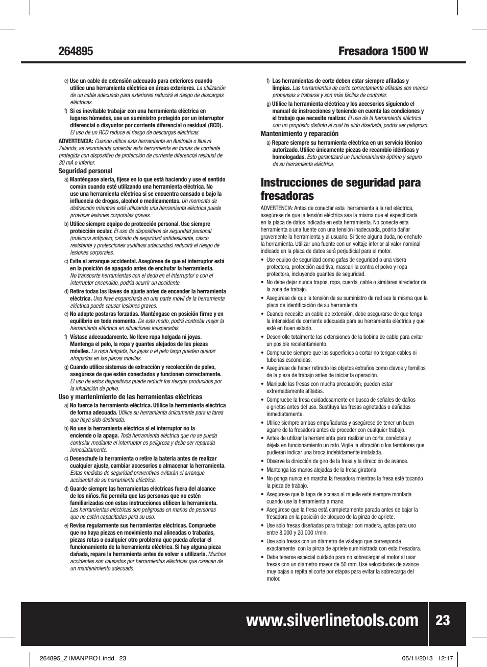 Instrucciones de seguridad para fresadoras | Silverline 1500W 1/ Plunge Router User Manual | Page 24 / 40