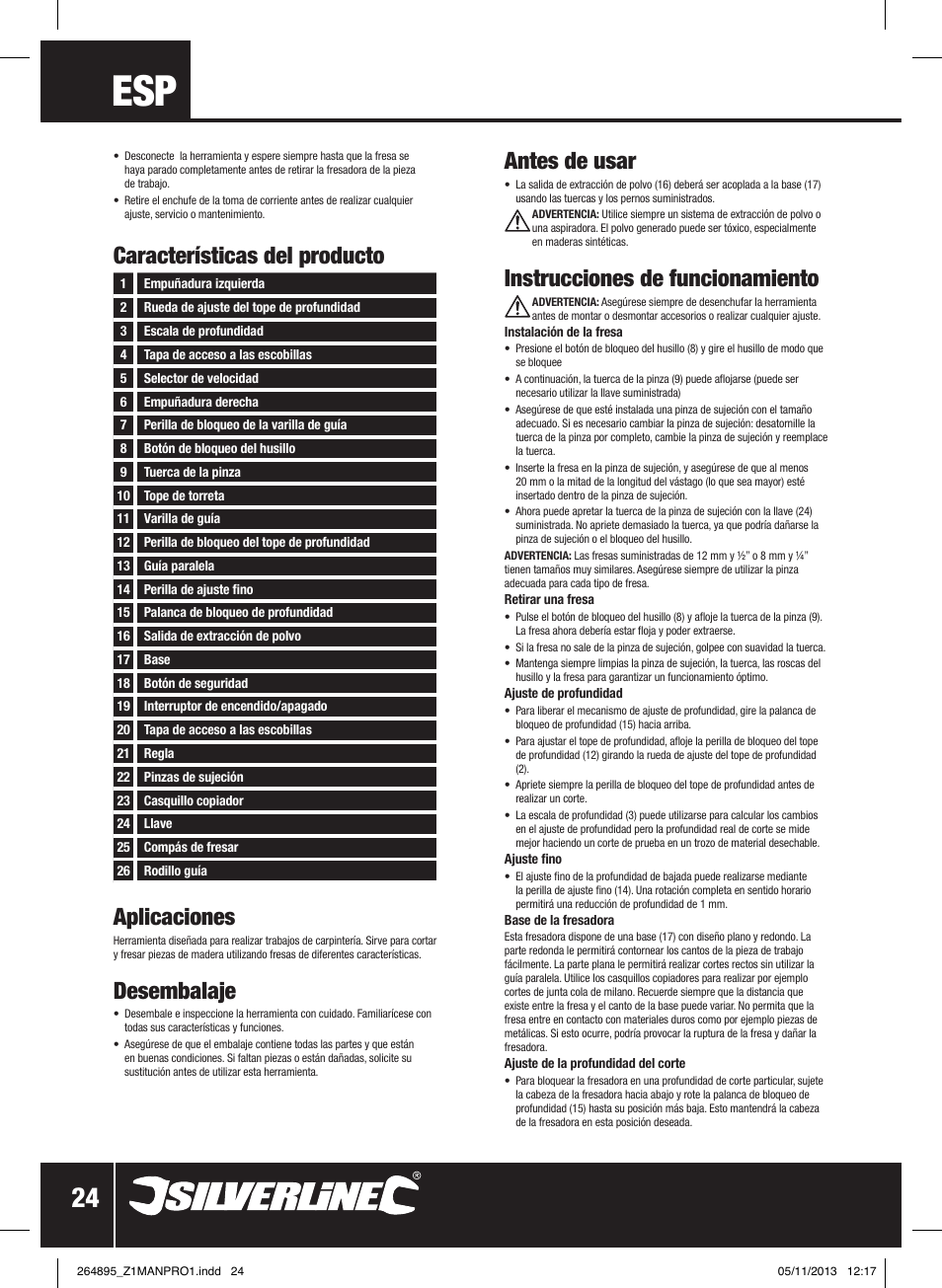 Aplicaciones, Desembalaje, Características del producto antes de usar | Instrucciones de funcionamiento | Silverline 1500W 1/ Plunge Router User Manual | Page 25 / 40