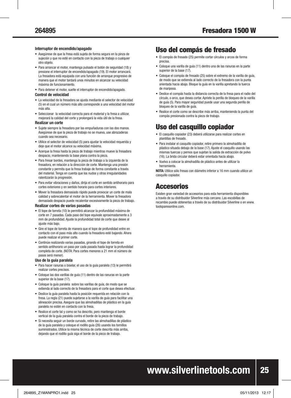Uso del compás de fresado, Uso del casquillo copiador, Accesorios | Silverline 1500W 1/ Plunge Router User Manual | Page 26 / 40