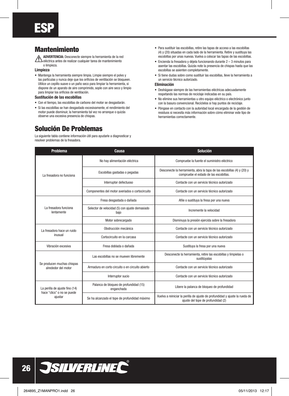 Solución de problemas, Mantenimiento | Silverline 1500W 1/ Plunge Router User Manual | Page 27 / 40