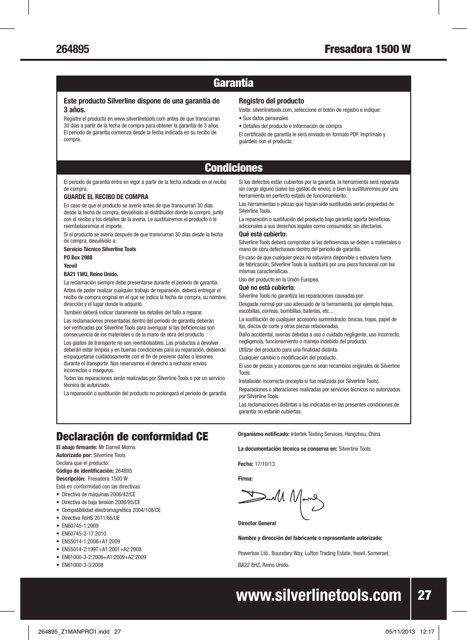 Declaración de conformidad ce | Silverline 1500W 1/ Plunge Router User Manual | Page 28 / 40