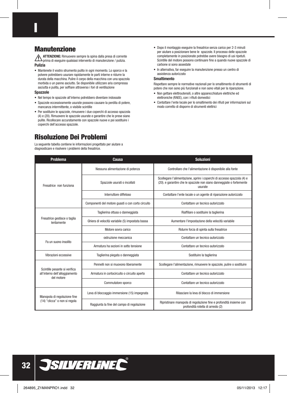 Risoluzione dei problemi, Manutenzione | Silverline 1500W 1/ Plunge Router User Manual | Page 33 / 40