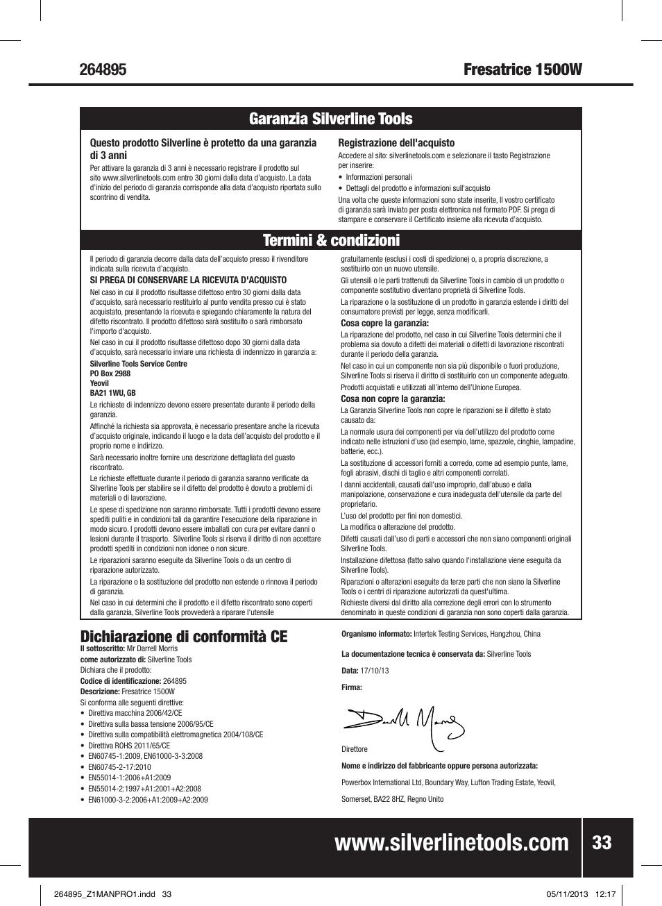Dichiarazione di conformità ce | Silverline 1500W 1/ Plunge Router User Manual | Page 34 / 40