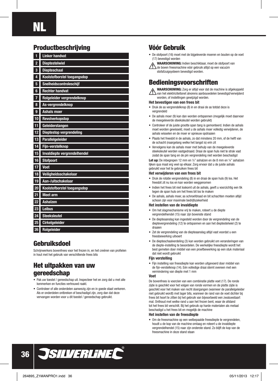 Gebruiksdoel, Het uitpakken van uw gereedschap, Productbeschrijving vóór gebruik | Bedieningsvoorschriften | Silverline 1500W 1/ Plunge Router User Manual | Page 37 / 40