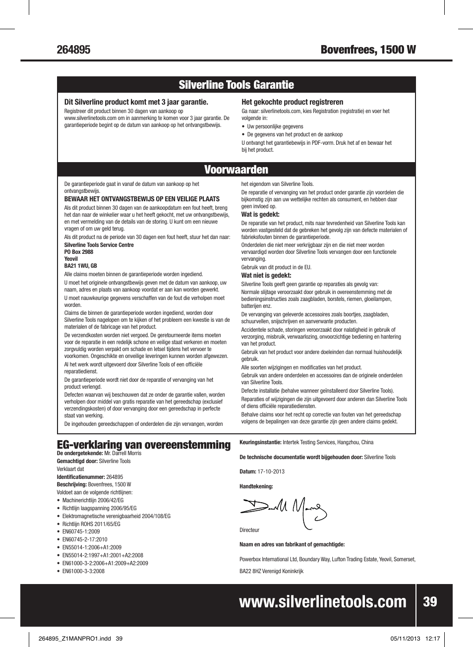 Voorwaarden silverline tools garantie, Eg-verklaring van overeenstemming | Silverline 1500W 1/ Plunge Router User Manual | Page 40 / 40
