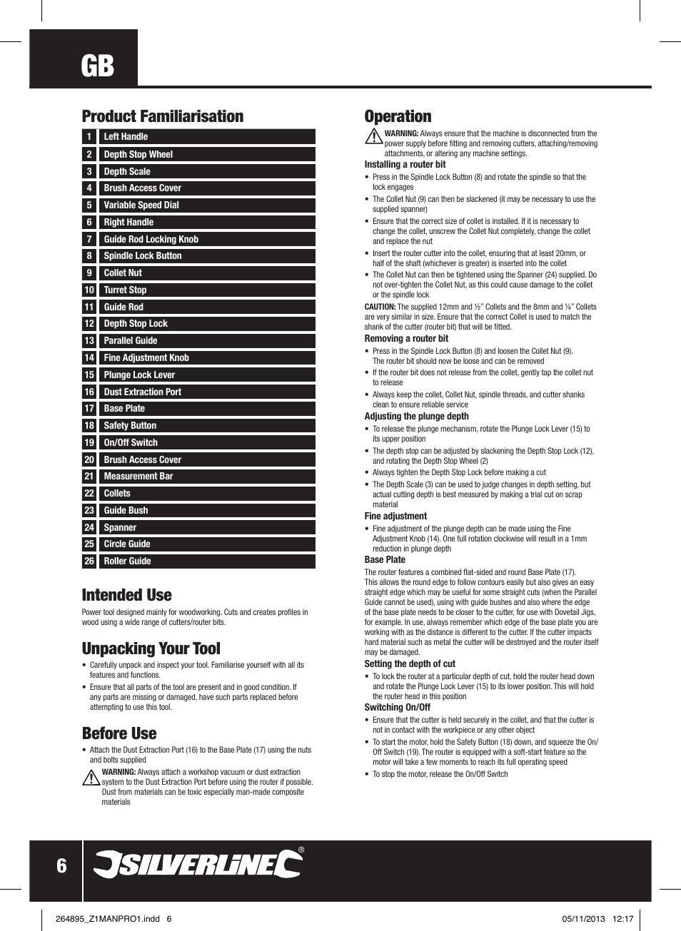 Intended use, Unpacking your tool, Before use | Operation, Product familiarisation | Silverline 1500W 1/ Plunge Router User Manual | Page 7 / 40