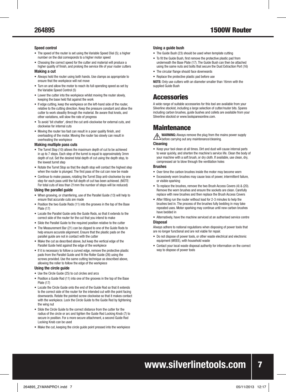 Accessories, Maintenance | Silverline 1500W 1/ Plunge Router User Manual | Page 8 / 40