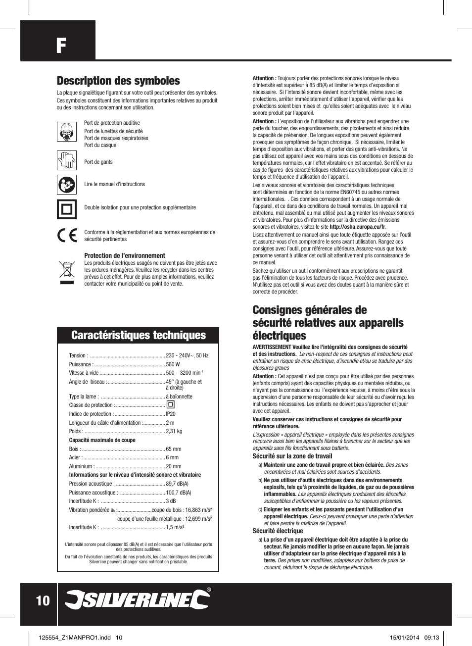 Description des symboles, Caractéristiques techniques | Silverline 560W Pendulum Jigsaw User Manual | Page 11 / 40