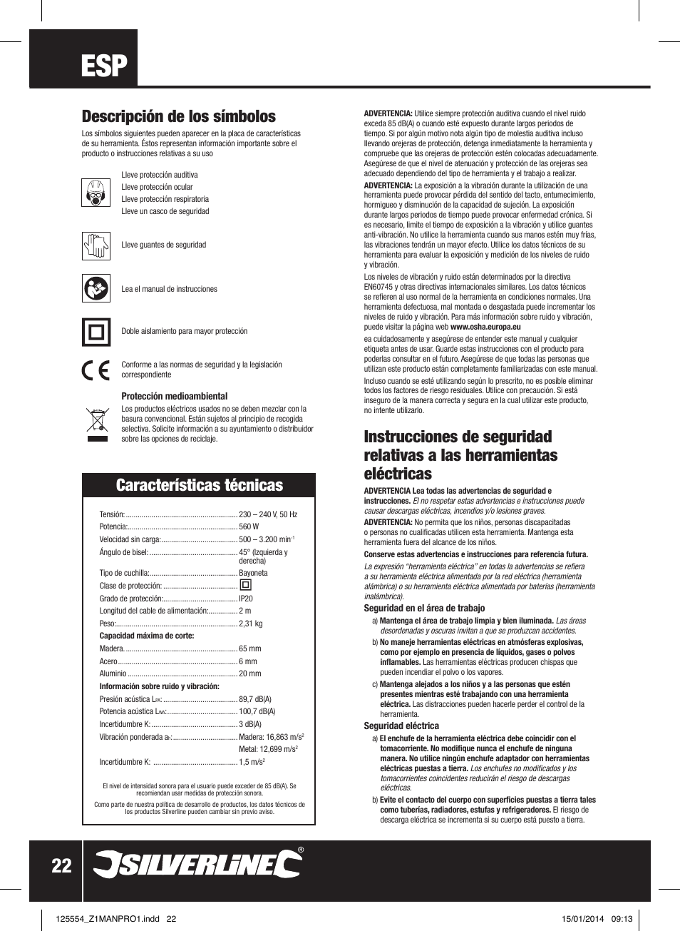 Descripción de los símbolos, Características técnicas | Silverline 560W Pendulum Jigsaw User Manual | Page 23 / 40