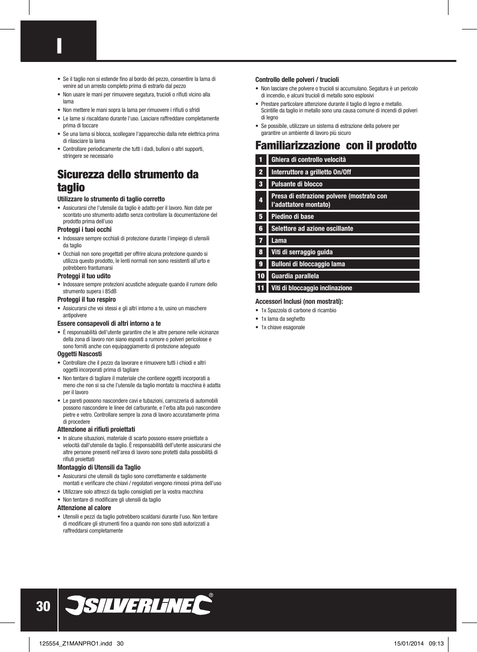 Sicurezza dello strumento da taglio, Familiarizzazione con il prodotto | Silverline 560W Pendulum Jigsaw User Manual | Page 31 / 40