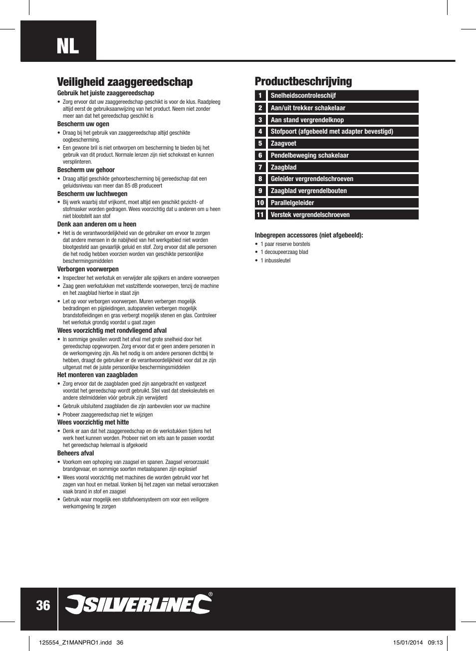 Veiligheid zaaggereedschap, Productbeschrijving | Silverline 560W Pendulum Jigsaw User Manual | Page 37 / 40