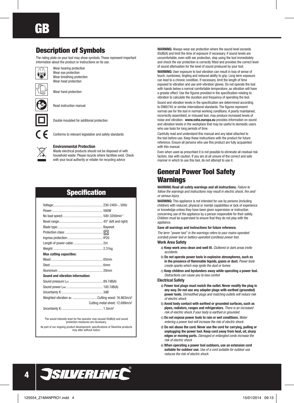 General power tool safety warnings, Specification, Description of symbols | Silverline 560W Pendulum Jigsaw User Manual | Page 5 / 40