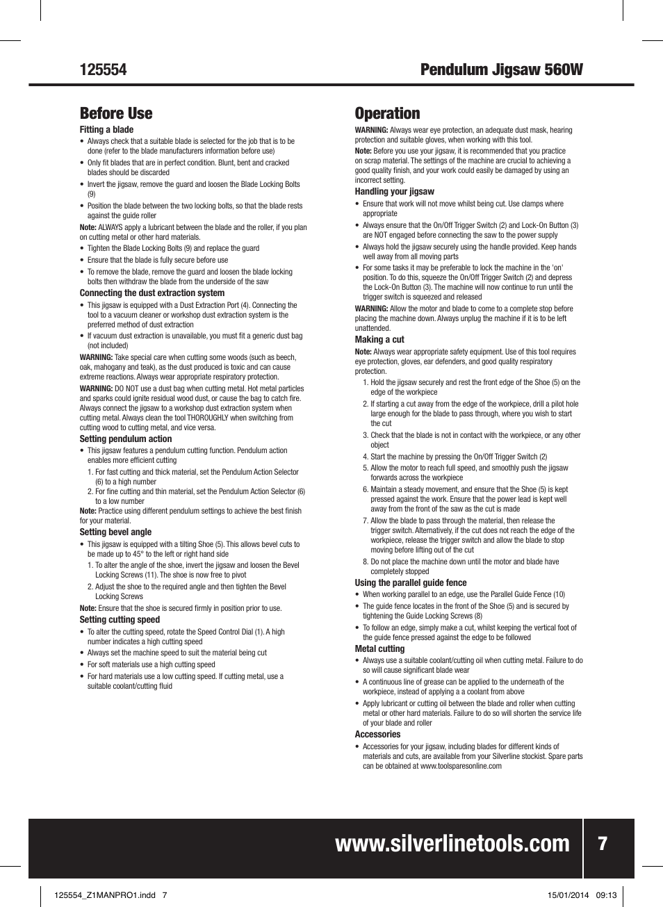 Operation | Silverline 560W Pendulum Jigsaw User Manual | Page 8 / 40