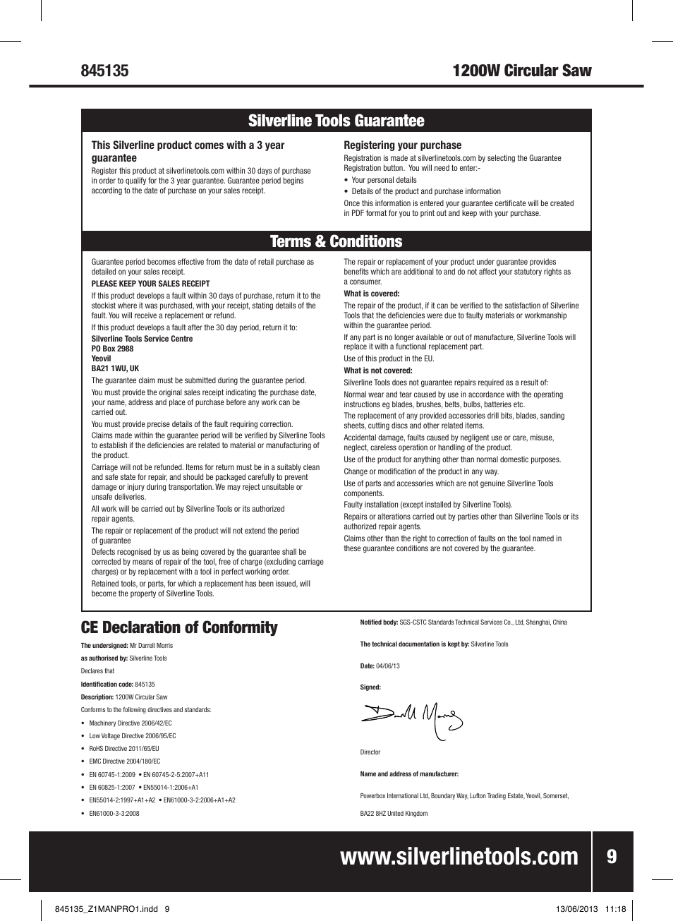 Ce declaration of conformity, Terms & conditions silverline tools guarantee | Silverline 1200W Circular Saw 185mm User Manual | Page 10 / 40