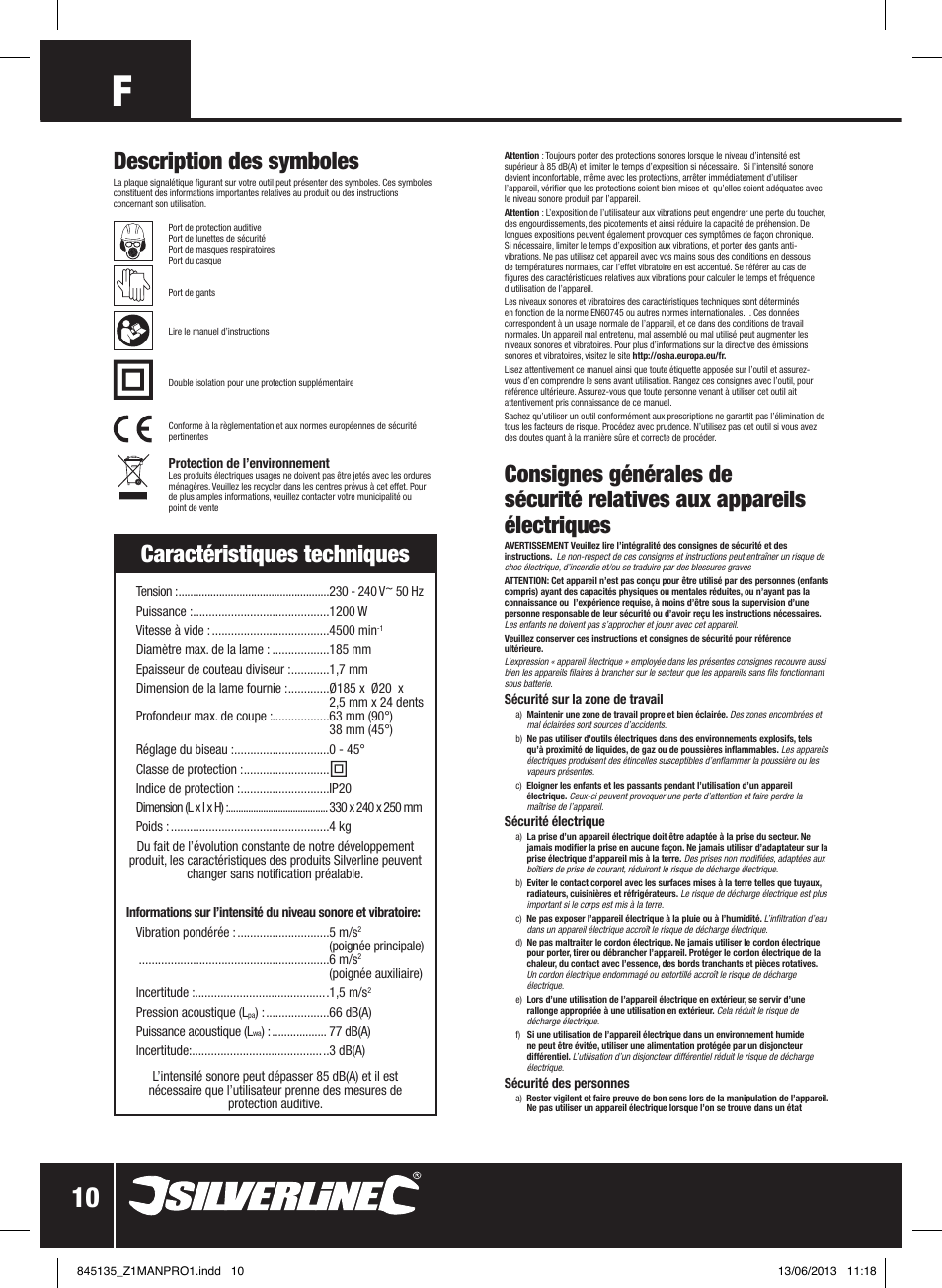 Description des symboles, Caractéristiques techniques | Silverline 1200W Circular Saw 185mm User Manual | Page 11 / 40