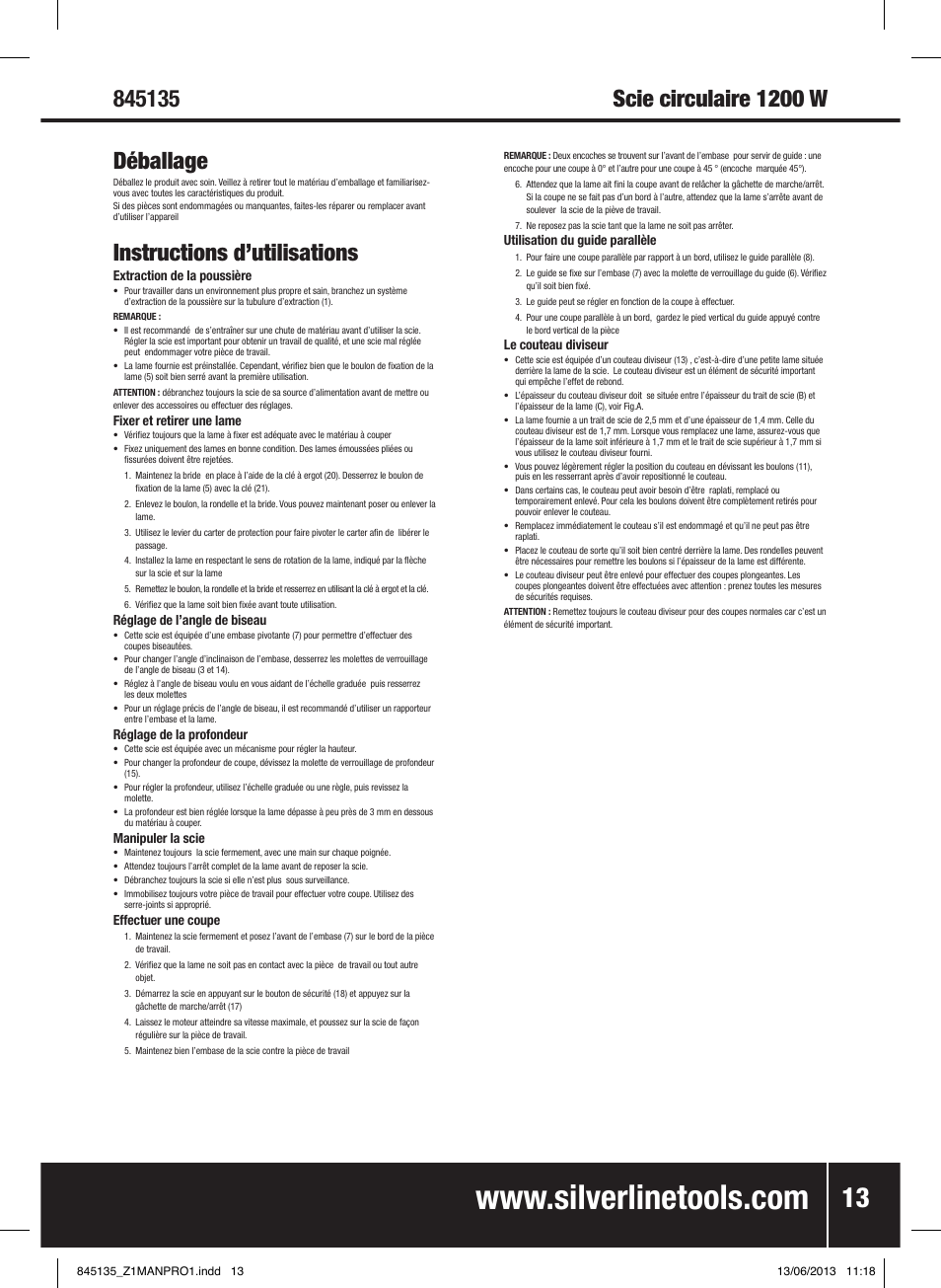 Instructions d’utilisations | Silverline 1200W Circular Saw 185mm User Manual | Page 14 / 40