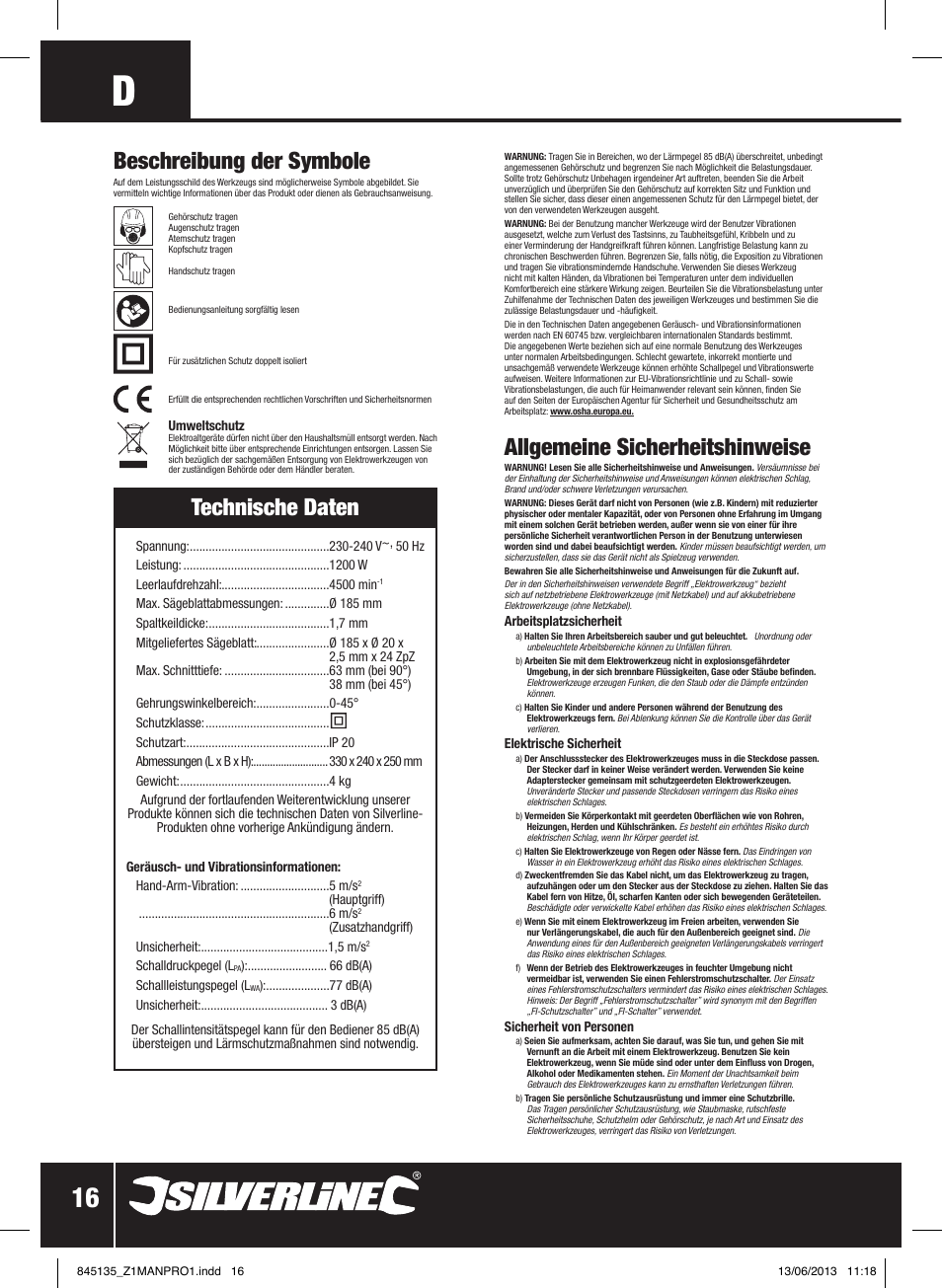 Allgemeine sicherheitshinweise, Beschreibung der symbole, Technische daten | Silverline 1200W Circular Saw 185mm User Manual | Page 17 / 40