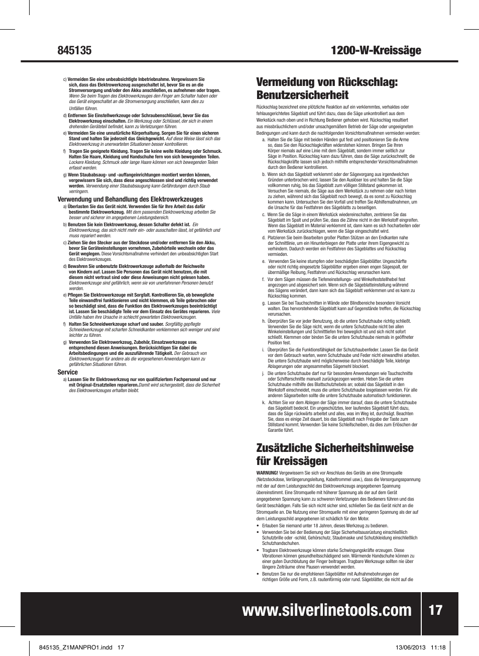 Vermeidung von rückschlag: benutzersicherheit, Zusätzliche sicherheitshinweise für kreissägen | Silverline 1200W Circular Saw 185mm User Manual | Page 18 / 40