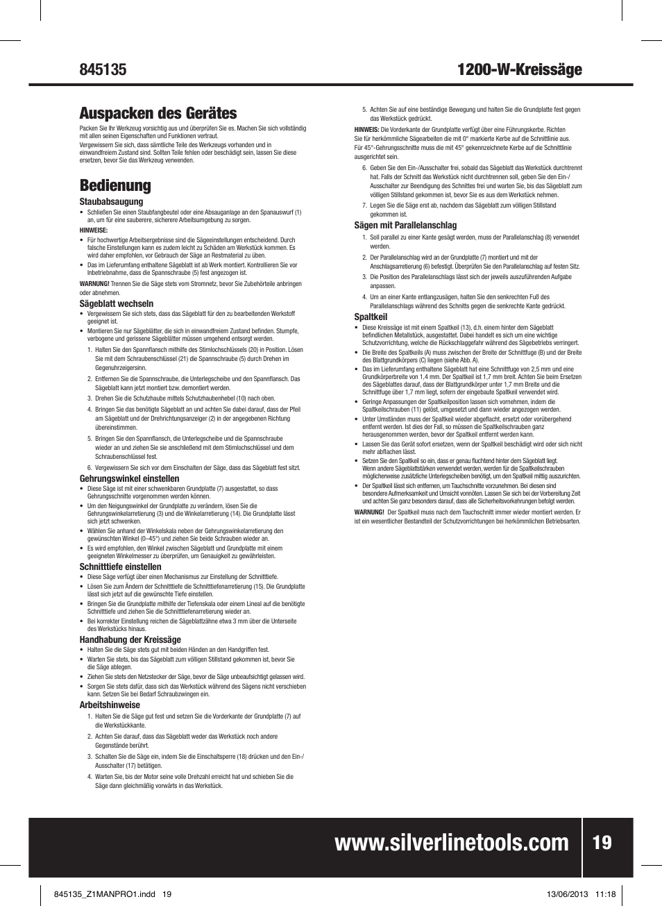 Bedienung | Silverline 1200W Circular Saw 185mm User Manual | Page 20 / 40