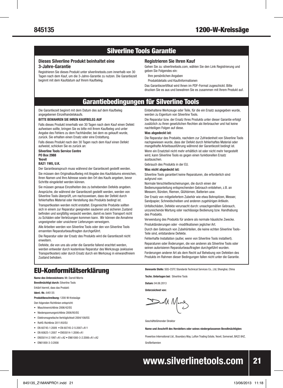 Eu-konformitätserklärung | Silverline 1200W Circular Saw 185mm User Manual | Page 22 / 40