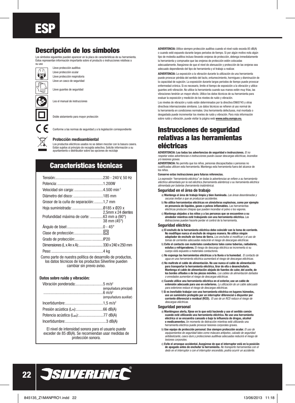 Descripción de los símbolos, Características técnicas | Silverline 1200W Circular Saw 185mm User Manual | Page 23 / 40