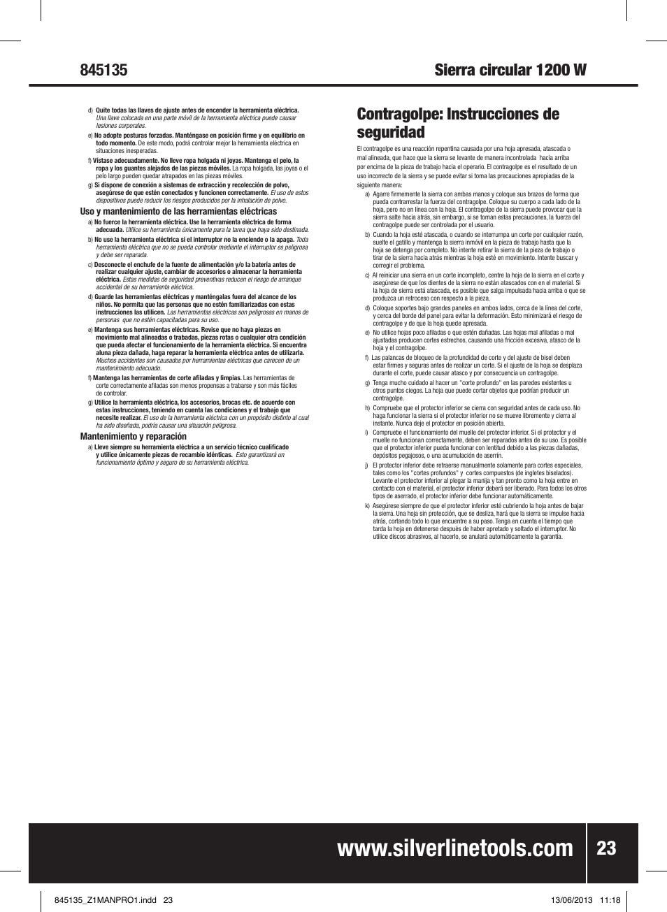 Contragolpe: instrucciones de seguridad | Silverline 1200W Circular Saw 185mm User Manual | Page 24 / 40