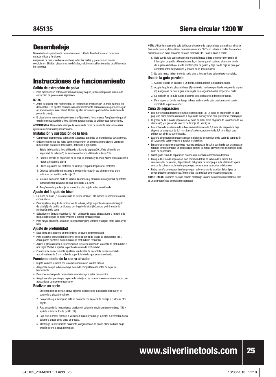 Instrucciones de funcionamiento | Silverline 1200W Circular Saw 185mm User Manual | Page 26 / 40