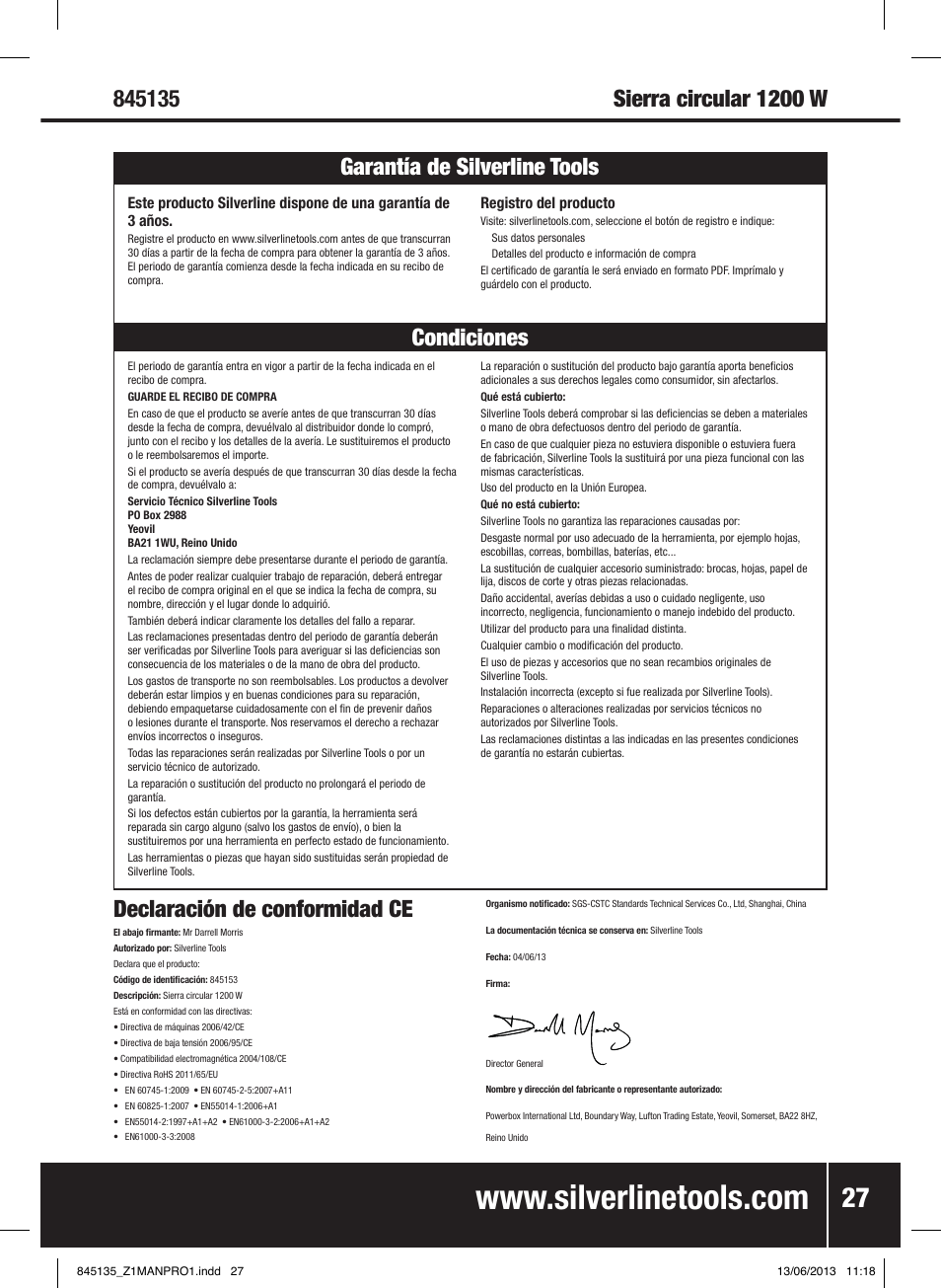 Declaración de conformidad ce, Condiciones garantía de silverline tools | Silverline 1200W Circular Saw 185mm User Manual | Page 28 / 40