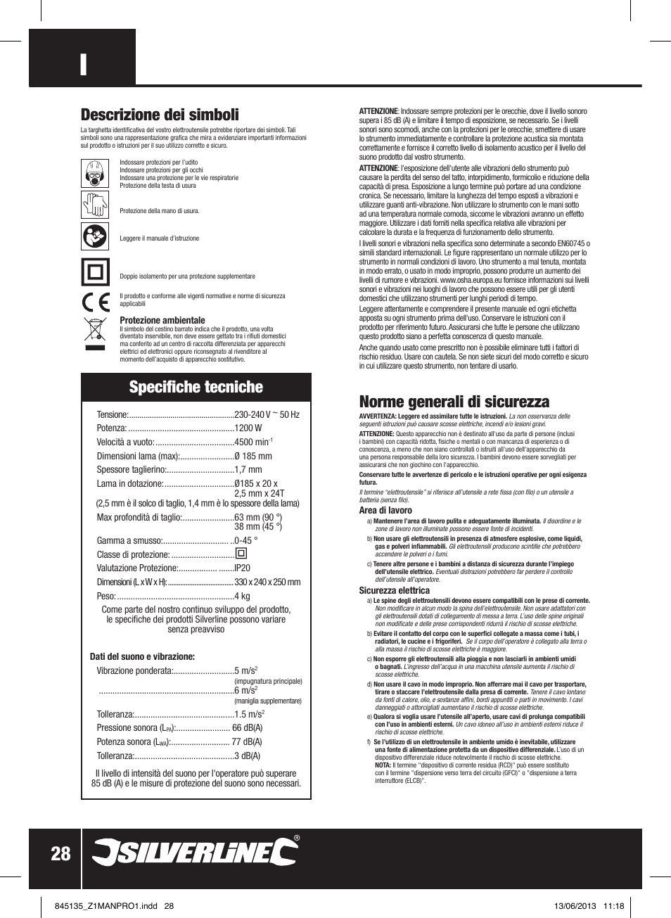 Norme generali di sicurezza, Descrizione dei simboli, Specifiche tecniche | Silverline 1200W Circular Saw 185mm User Manual | Page 29 / 40