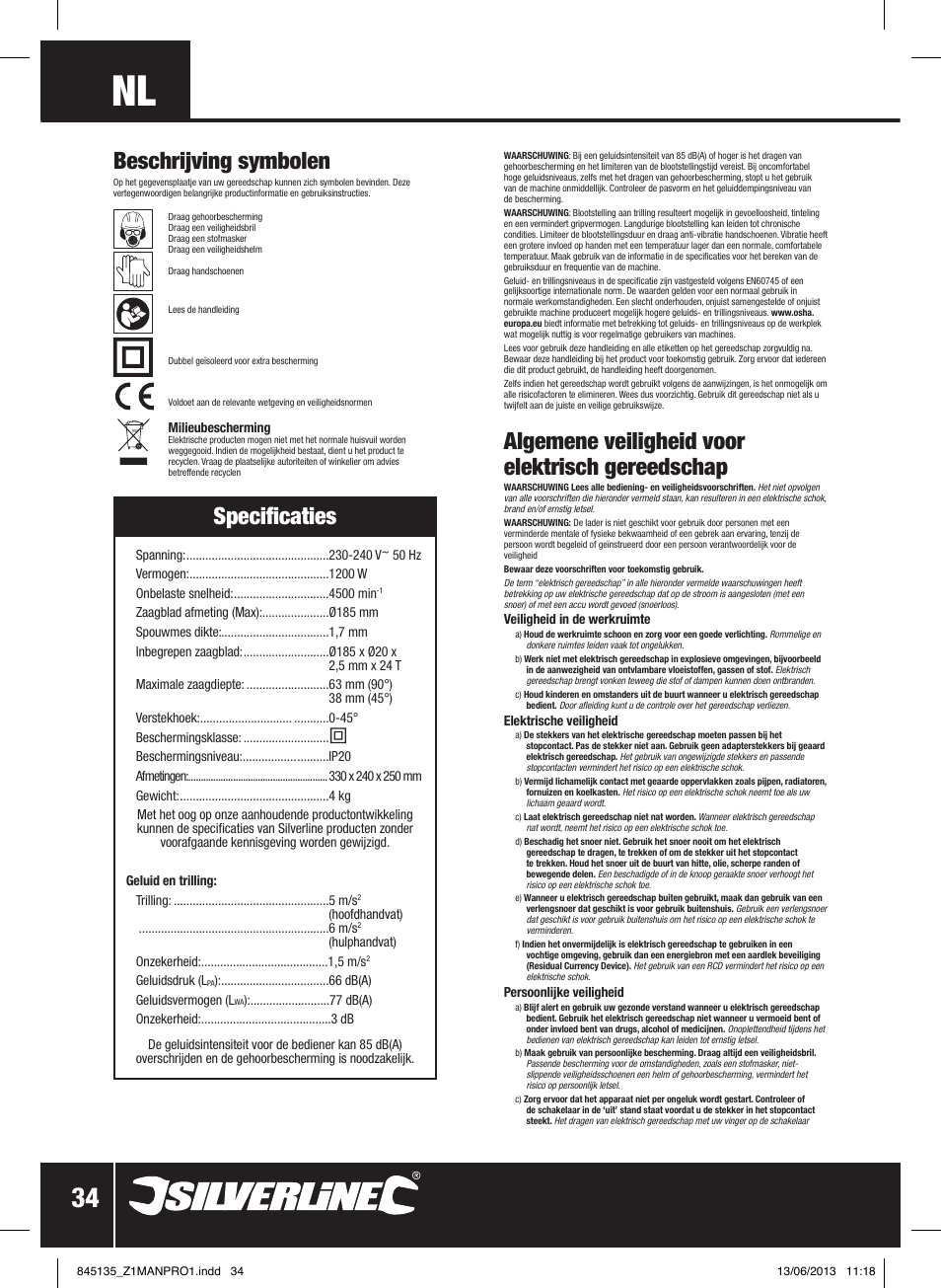 Algemene veiligheid voor elektrisch gereedschap, Beschrijving symbolen, Specificaties | Silverline 1200W Circular Saw 185mm User Manual | Page 35 / 40