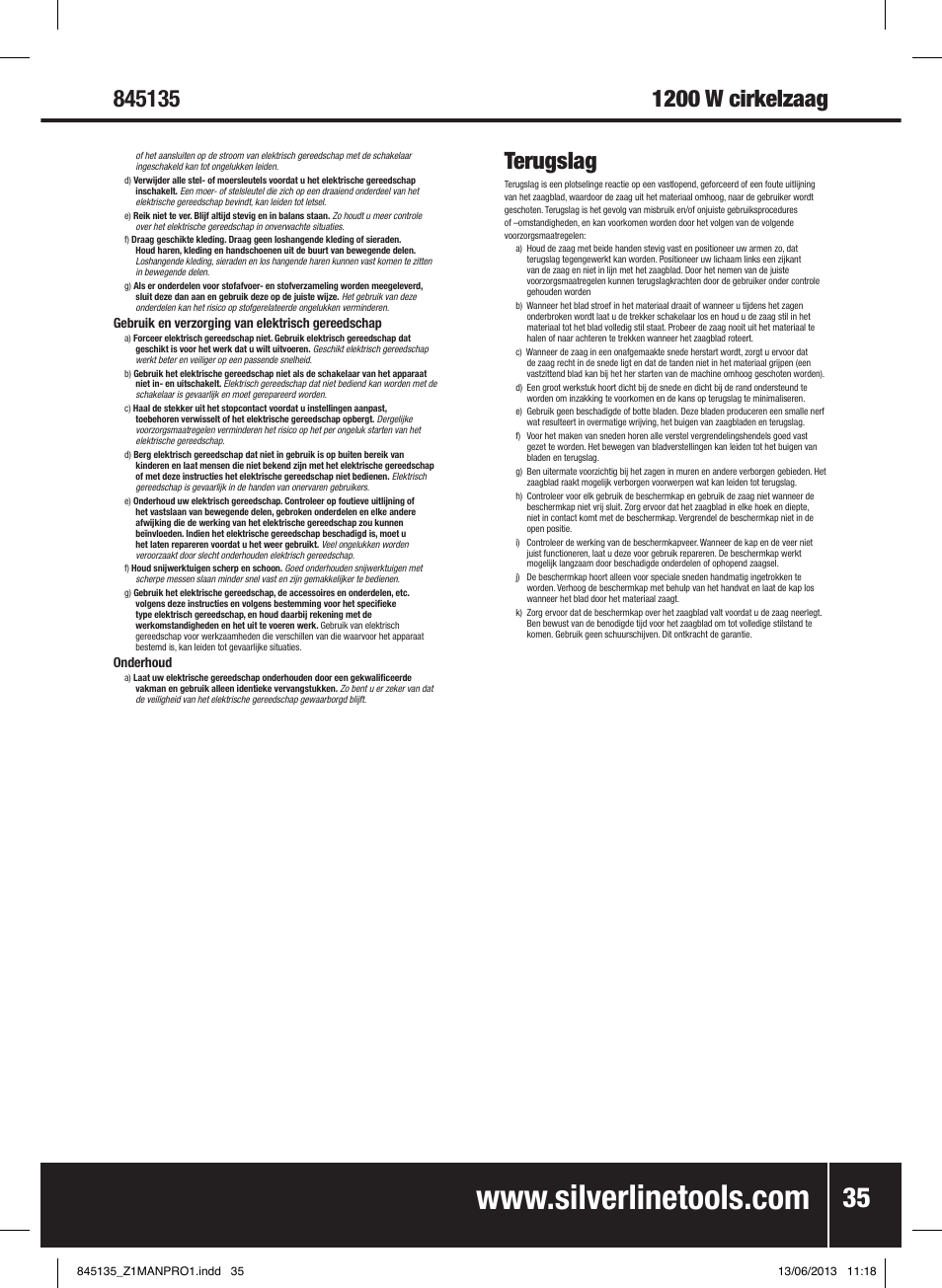 Terugslag | Silverline 1200W Circular Saw 185mm User Manual | Page 36 / 40