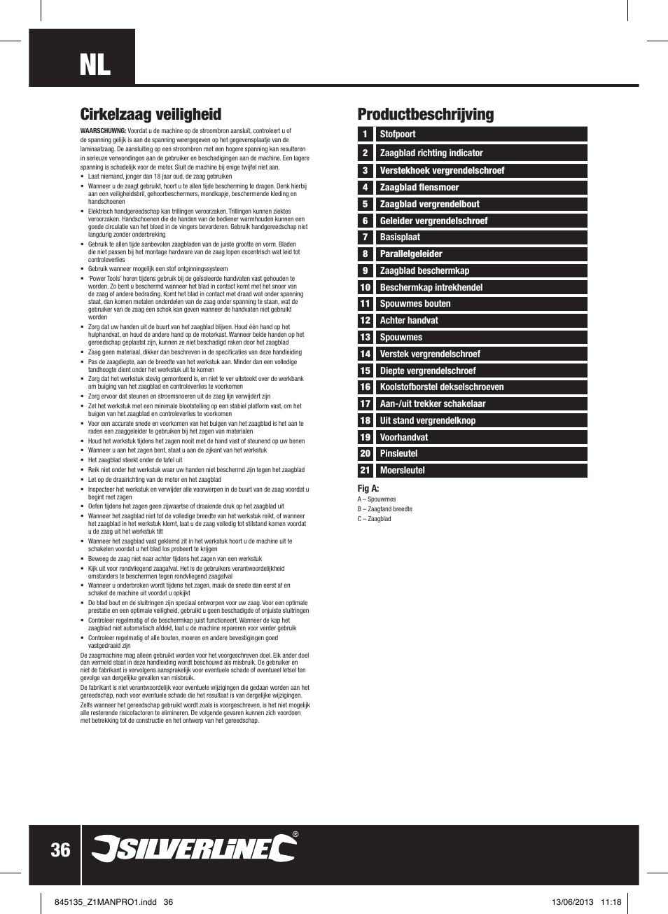 Productbeschrijving, Cirkelzaag veiligheid | Silverline 1200W Circular Saw 185mm User Manual | Page 37 / 40