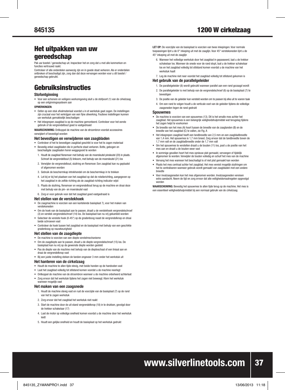 Gebruiksinstructies | Silverline 1200W Circular Saw 185mm User Manual | Page 38 / 40
