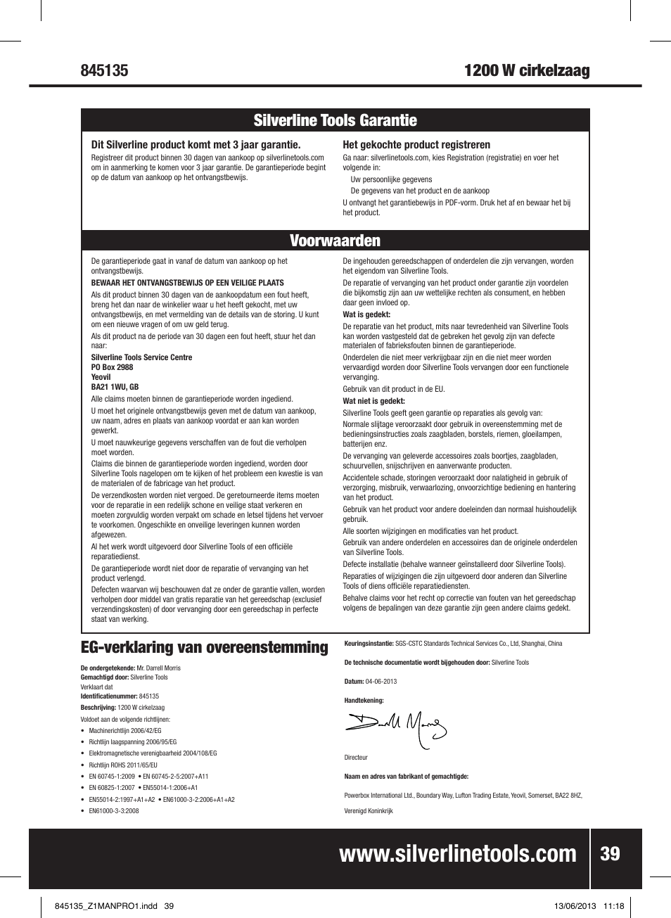 Eg-verklaring van overeenstemming, Voorwaarden silverline tools garantie | Silverline 1200W Circular Saw 185mm User Manual | Page 40 / 40