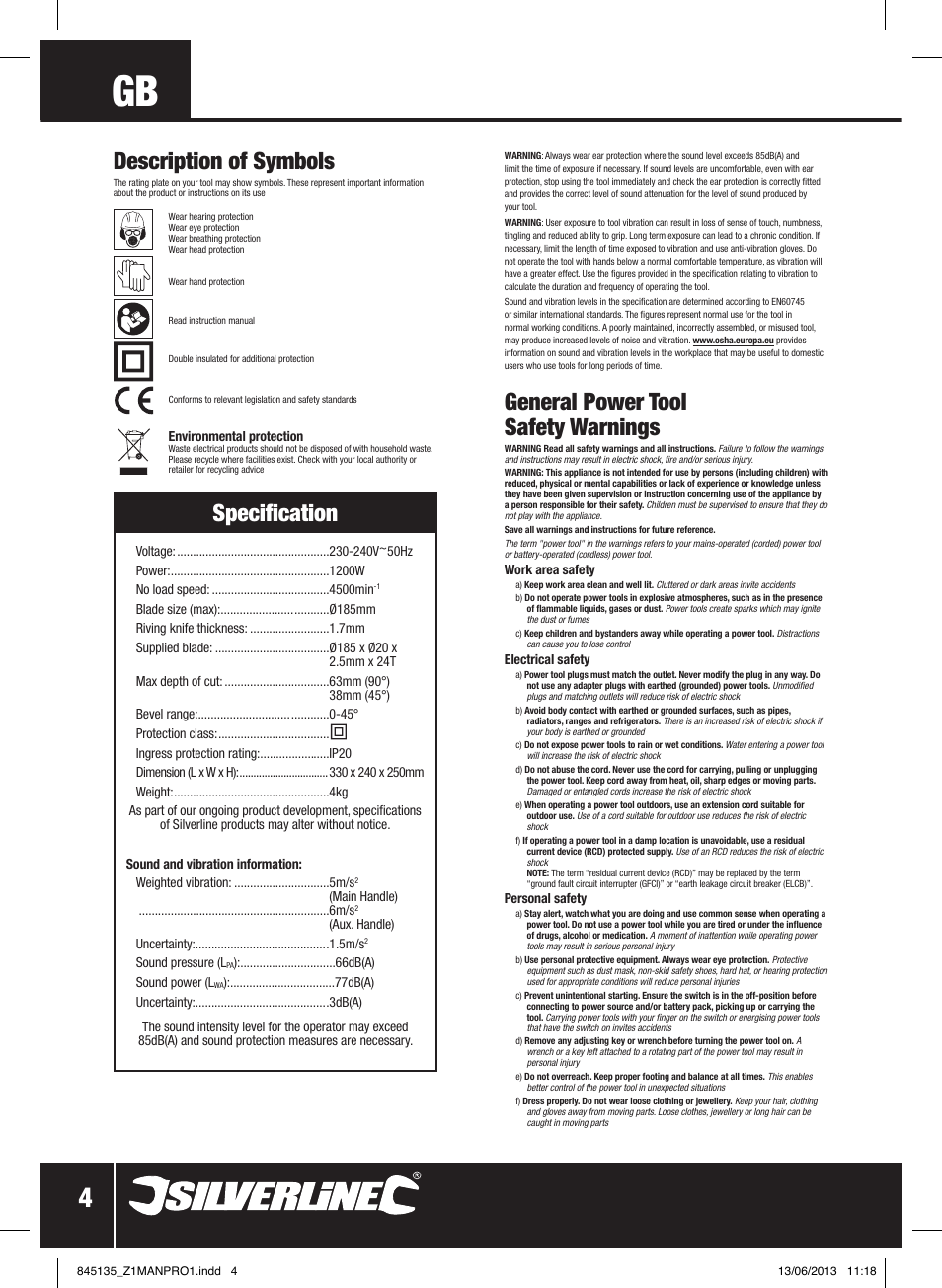 Specification, General power tool safety warnings, Description of symbols | Silverline 1200W Circular Saw 185mm User Manual | Page 5 / 40
