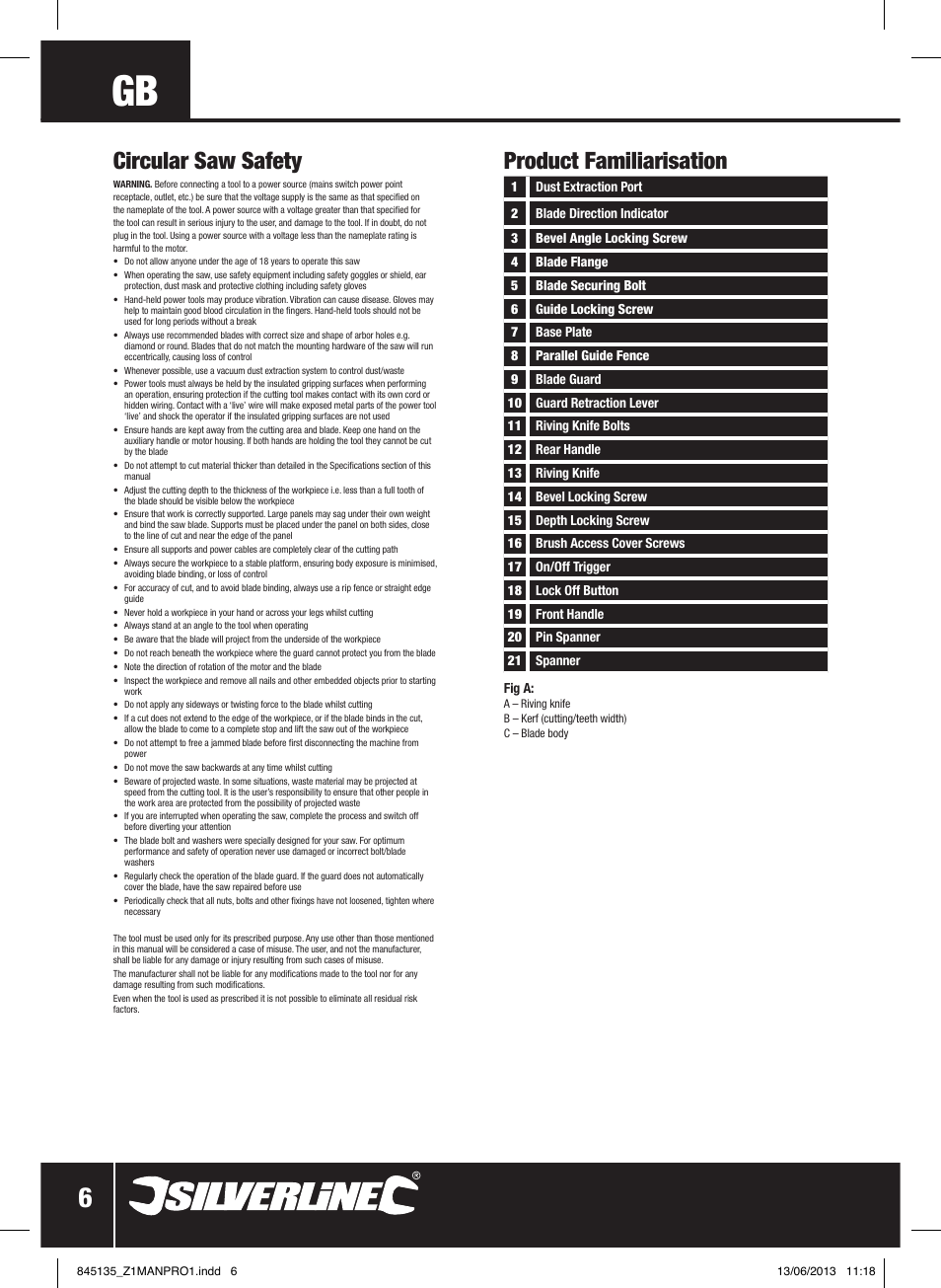 Product familiarisation, Circular saw safety | Silverline 1200W Circular Saw 185mm User Manual | Page 7 / 40