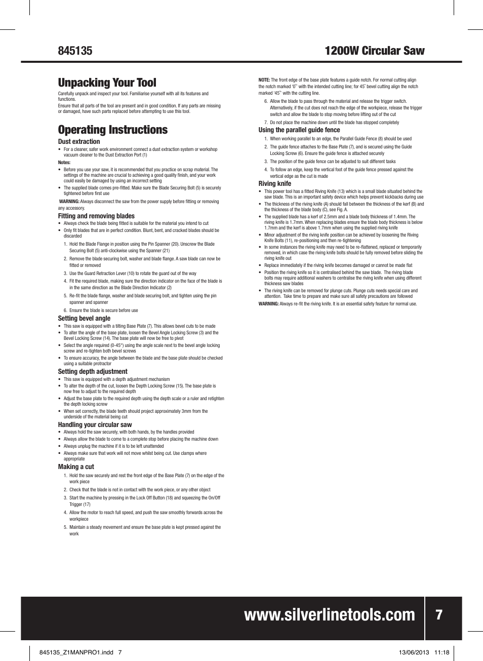 Operating instructions | Silverline 1200W Circular Saw 185mm User Manual | Page 8 / 40